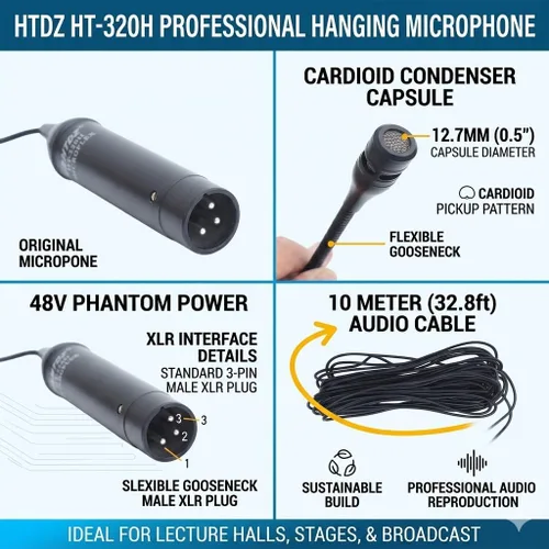 Vista 6 de HT-320H Mini micrófono de condensador colgante, micrófono coral colgante, micrófono instrumental con conectividad XLR