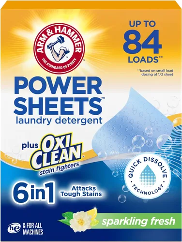 ARM & HAMMER Power Sheets - Detergente para ropa sucia OxiClean, 6 en 1, aroma fresco y brillante, 42 unidades, 84 cargas medianas