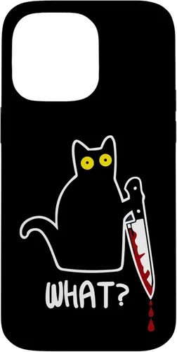 Vista 21 de iPhone 16 Funny Black What Cat - Murderous Kitty Cat with Knife Case