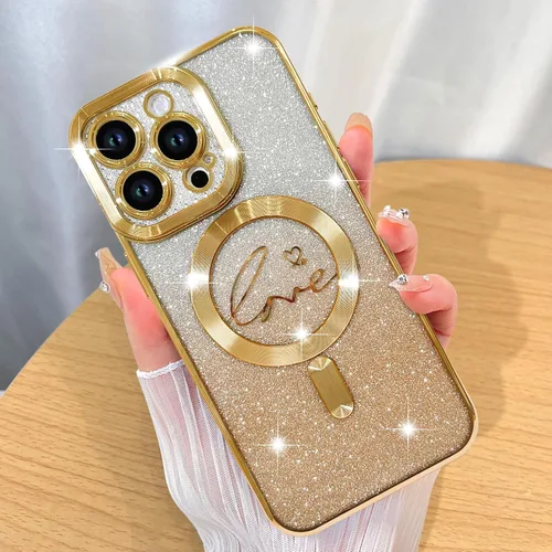 Vista 48 de ZIYE Funda Magnética Diseñada para iPhone 14 Funda con Purpurina Plateado de Lujo Corazón de Amor Compatible con MagSafe Funda Transparente con Negro