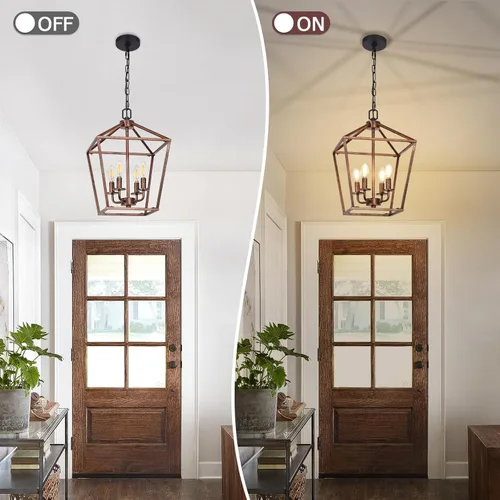Vista 5 de Candelabro para comedor, accesorios de candelabro rústico de 4 luces, luz de techo vintage con altura ajustable, luz colgante geométrica antigua