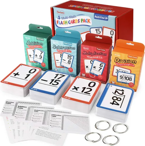 Torlam Tarjetas flash multimatemáticas para niños de 4 a 8 años. Suma, resta, multiplicación y división. Todos los hechos del 0 al 12 con 4 anillos,