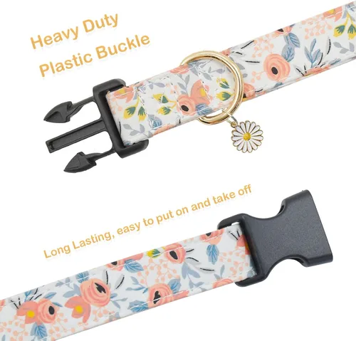 Vista 2 de Lindo collar de algodón para perro, patrones de flores, collares suaves y ajustables para cachorros, para hembras, perros pequeños, medianos