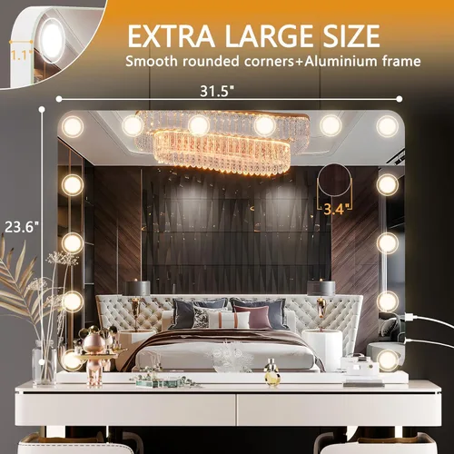 Vista 3 de Hasipu Espejo de tocador con luces, espejo de maquillaje de 32 x 24 pulgadas, espejo iluminado con 14 luces LED regulables y aumento de 10X, 3 modos