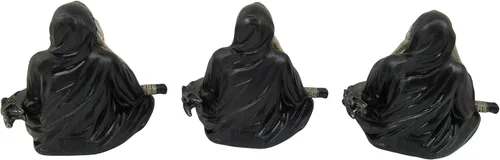 Vista 6 de DWK See No Evil Speak No Evil Hear No Evil Grim Reaper Figuras decorativas Decoración de estante gótico de 3 piezas Figura de la parca