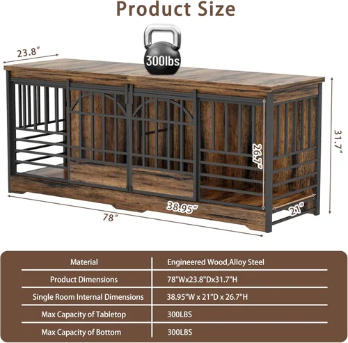 Vista 2 de Mueble de jaula doble para perros de 78 pulgadas, perrera extra grande para interiores con divisor, jaula resistente para perros para 2 perros, casa