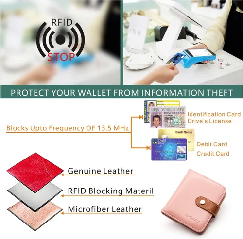 Vista 6 de Billeteras pequeñas para mujer, compactas y plegables, con bloqueo RFID, de piel auténtica, mini monedero con ventana de identificación y bolsillo