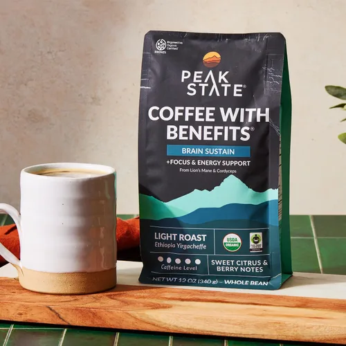 Vista 6 de Peak State Café de grano entero BRAIN SUSTAIN - Tueste oscuro - Café de seta Lion's Mane - Sin moho, sin micotoxinas, orgánico, sin OMG, bajo