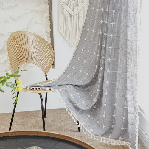 Vista 12 de Deeprove Cenefa de Cortina Boho Aqua de 18 Pulgadas de Largo, Celosía Bohemia Verde Azulado Cuadros Vichy con Textura Bordada, Borlas Vintage