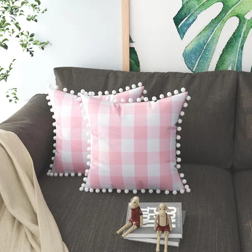 Vista 11 de 2 fundas de almohada a cuadros de búfalo a cuadros decorativos con pompones, 2 fundas de cojín retro estilo rural lumbar para sofá, automóvil, 12 x