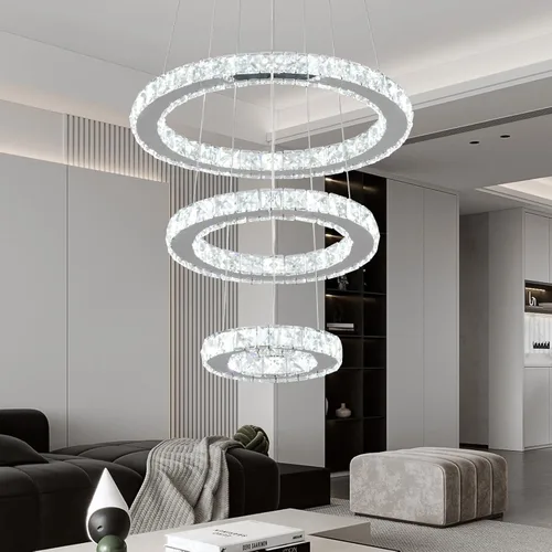 Vista 10 de Buccleuch Moderna araña de cristal, lámpara colgante LED regulable de 3 anillos, lámpara de techo ajustable de acero inoxidable, lámpara de araña
