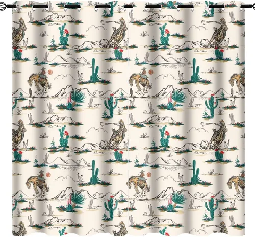 Vista 46 de Cortinas opacas retro de vaquero occidental para dormitorio, estilo rústico, cactus, salvaje oeste, vaquero, paseo, caballo, con ojales, aislamiento