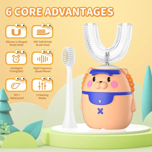 Vista 2 de RexCodar Cepillos de dientes eléctricos para niños, cepillo de dientes ultrasónico en forma de U, cepillo de dientes recargable de boca completa