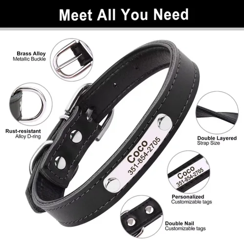 Vista 23 de Collares de perro personalizados, collar de perro de cuero suave y duradero, collar de perro personalizado con placa de nombre, collar de perro azul