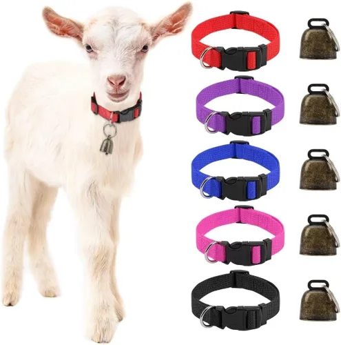 Vista 8 de Paquete de 5 collares reflectantes de cabra con campanas, juego de collar de nailon ajustable y campanas de cobre para pastoreo de caballo, oveja
