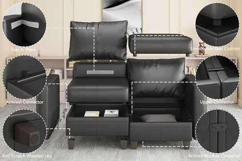 Vista 7 de EASE MOOSE Sofá Seccional Modular en Forma de U con Almacenamiento, Sofá Seccional de Piel Sintética para Sala de Estar, Negro