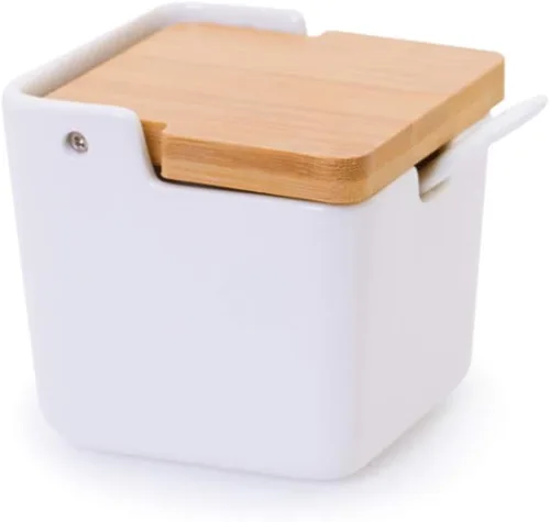 Vista 13 de Azucarero de cerámica con tapas de bambú y bandeja para servir cucharas, recipiente de azúcar de porcelana para azúcar, té, café, especias