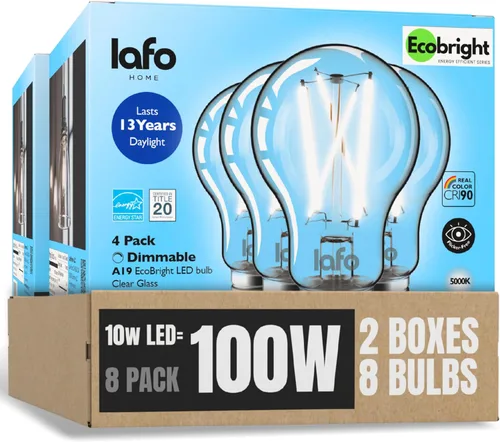 EcoBright 8PK - Bombilla de filamento LED A19 regulable, 10 W (equivalente a 100 W), base E26, 1100 lúmenes, CRI90+, vidrio transparente sin
