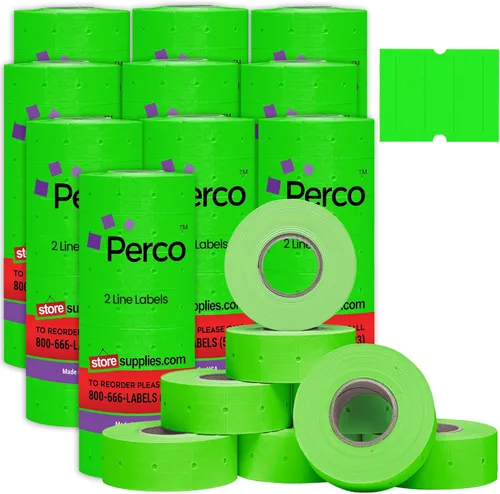 Vista 21 de Perco Etiquetas amarillas de 2 líneas, 8 rollos, 1 manga, 6,000 etiquetas de precio en blanco y fecha para pistolas Perco de 2 líneas de precio