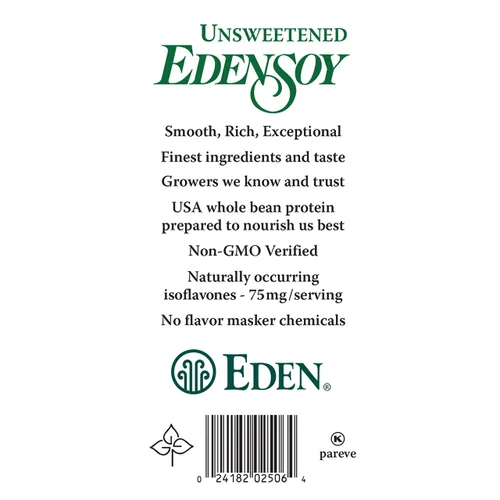 Vista 5 de Edensoy Leche de soya orgánica sin endulzar Eden, sin OMG, leche de soya (soja) entera de EE. UU., sin lácteos, vegana, natural, no perecedera, 32 oz