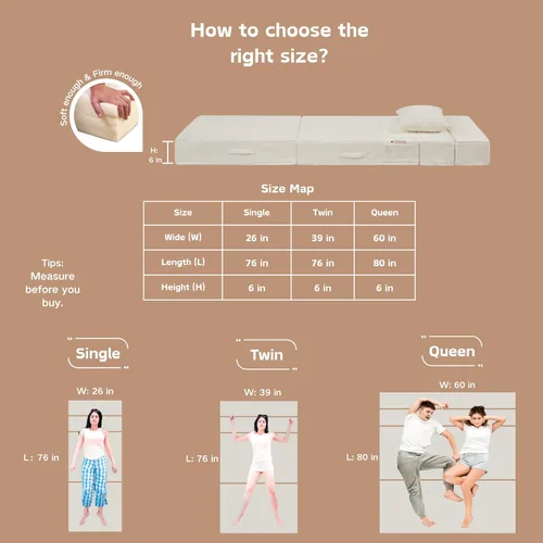 Vista 6 de Sofá Cama Individual Plegable Silla Sofá Cama con Almohada, Twin, Beige Fold out chair bed, Futon sofa bed, Extra bag included, All foam made