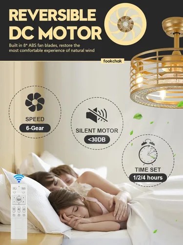 Vista 5 de FookChak Ventilador de techo enjaulado con control remoto, moderno ventilador de techo de jaula dorada con luz sin aspas para sala de estar