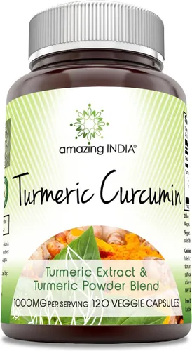 Amazing India Curcumina de cúrcuma de 1000 mg por porción | Suplemento de 120 cápsulas vegetales | Mezcla de polvo de cúrcuma y extracto de cúrcuma