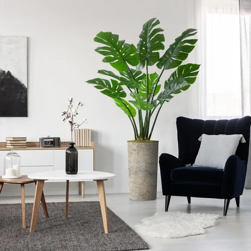 Vista 12 de Árbol artificial en macetero con textura blanquecina, ave del paraíso artificial de seda para decoración del hogar en interiores y exteriores