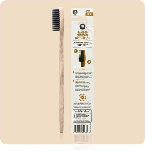 Vista 3 de Brush Buddies Cepillo de dientes de carbón de bambú Cepillo de dientes manual alimentado por humanos Cerdas suaves ecológicas Infundido