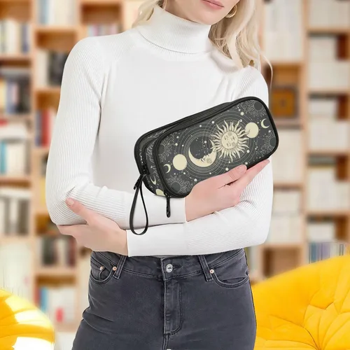 Vista 7 de Celestial Bohemian Moon - Estuche de gran capacidad para lápices con 3 compartimentos para oficina y escuela, bolsa grande de almacenamiento