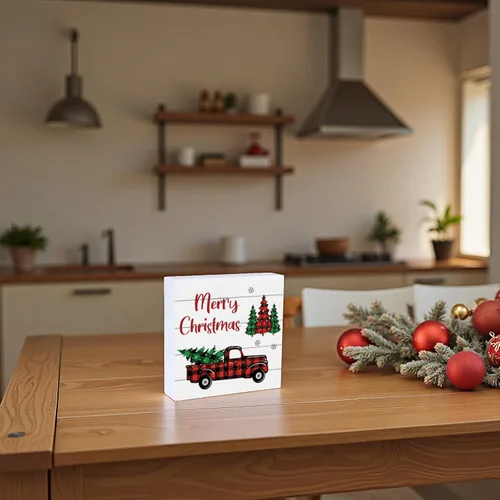 Vista 7 de Decoración de mesa de Navidad, decoración de Navidad, interior, hogar, habitación, camión, oficina, baño, caja de madera, letrero de madera rústica