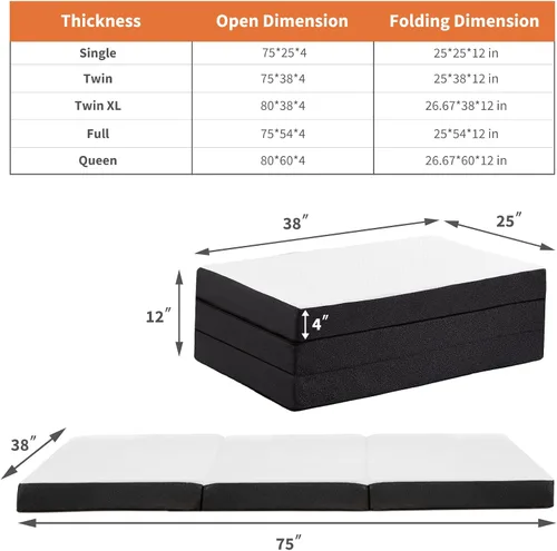 Vista 2 de Sweetcrispy - Colchón de espuma viscoelástica con triple pliegue con funda plegable y lavable, cama de piso portátil con certificación CertiPUR-US
