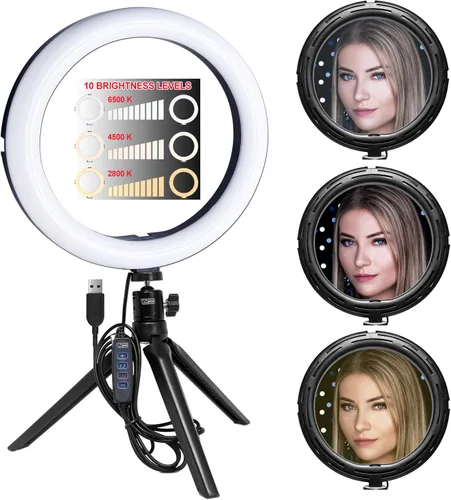 Vista 2 de Vidpro RL-10 - Kit de luces LED de 10 pulgadas con mini trípode y cabeza de bola. Alimentado por USB para retratos, maquillaje, modelado, vloggers