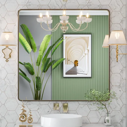Vista 86 de LOAAO - Espejo de tocador para baño con marco de metal negro mate de 48 x 32 pulgadas para pared, rectangular, grande, redondeado, anticorrosión