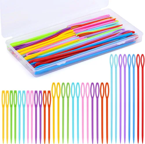 Vista 11 de LUNARM 50 piezas de agujas de coser de plástico, agujas de hilo de plástico de ojo grande con caja, agujas de plástico de 7 cm/2.76 pulgadas