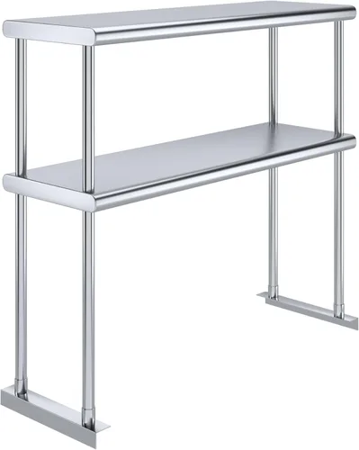 Vista 9 de Estante doble de acero inoxidable resistente con certificación NSF de calibre 18 con soportes para cocinas, cuartos de servicio, almacenamiento