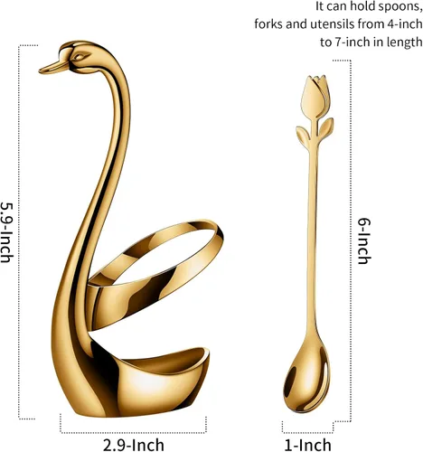 Vista 3 de Juego de Soporte para Cucharas de Café Pequeñas Dorado, Base de Cisne con Juego de 12 Cucharas Demitasse para Espresso, Cuchara de Postre Mini