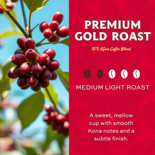 Vista 2 de Lion Coffee, Premium Gold Roast, mezcla de café 10% Kona, grano entero, bolsa de 24 onzas