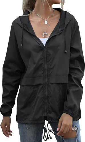 Vista 2 de JMinger Chubasqueros para mujer, ligeros, impermeables, resistentes al viento, ajustables, cortavientos con capucha, con bolsillos, tallas S-XXL