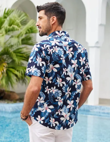 Vista 3 de COOFANDY Camisas hawaianas florales para hombre, algodón y lino, con botones, tropicales, para la playa