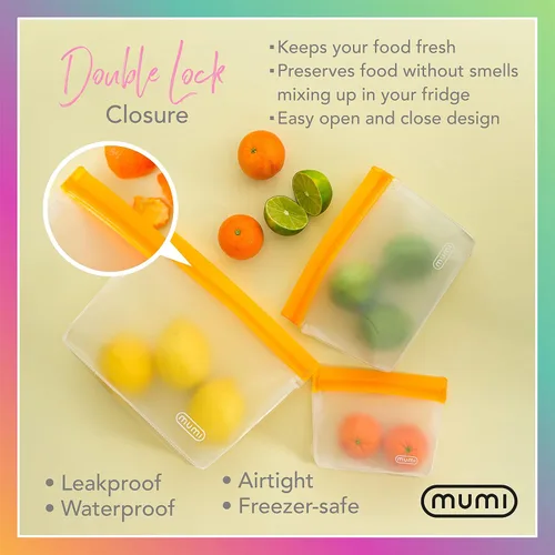 Vista 4 de MUMI Piccolo Bolsas reutilizables con cremallera, juego de 3 bolsas de silicona con cierre hermético Bolsas reutilizables con cierre hermético
