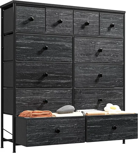 Cómoda para dormitorio con organizador de cajones de almacenamiento, cómodas y baúles de tela, marco de metal resistente, parte superior de madera,