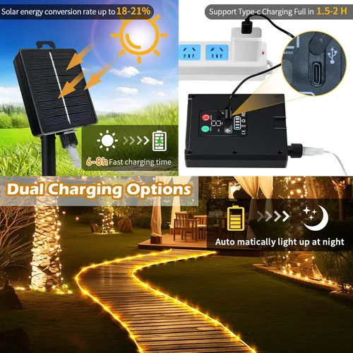 Vista 4 de Luces de cuerda solares impermeables de 39 pies, 100 LED, batería recargable de alta capacidad, carga dual, luz de cuerda para exteriores, control