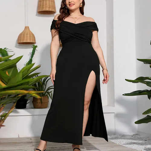 Vista 2 de Cocktail Dresses for Women Evening Party - Plus Size Off Shoulder Leg Split Dress Solid Elegant Maxi Long Dress Black