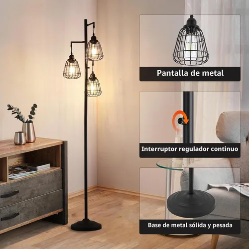 Vista 4 de 9MMML Lámpara de pie dorada regulable, lámpara de pie alta industrial dorada para sala de estar, dormitorio, oficina, pantalla de 3 jaulas