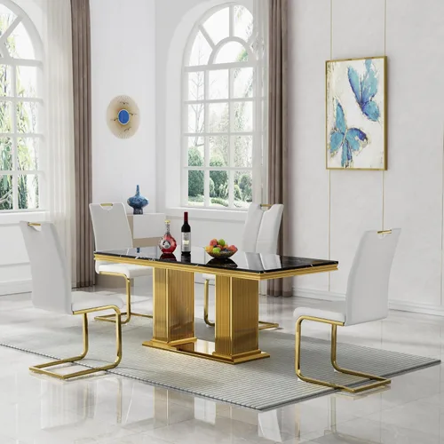 Vista 36 de 5 Piece Black Marble Dining Table Set for 4, Modern Faux Marble Kitchen Dining Room Tables with 4 Leather Chairs Set, 68.11" Luxury Rectangular