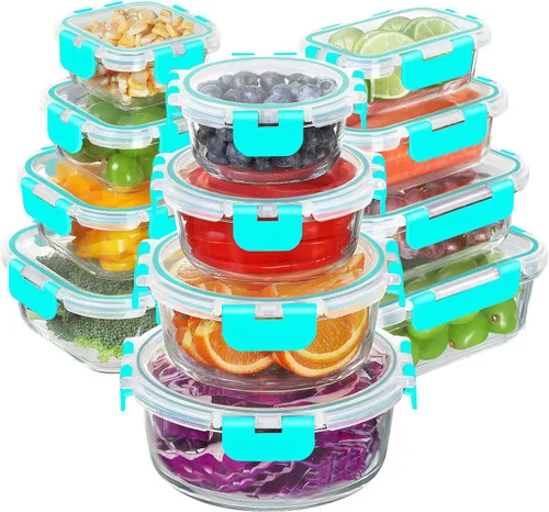 Vista 9 de BAYZZ 24 piezas de recipientes de vidrio para almacenamiento de alimentos con tapas, recipientes de vidrio herméticos para preparar comida