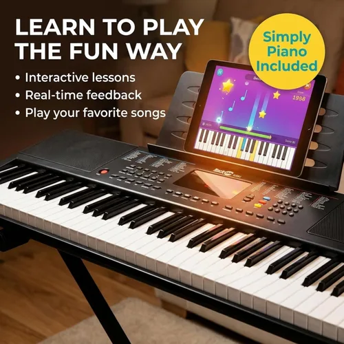 Vista 3 de RockJam - Teclado compacto de 61 teclas con soporte para partituras, fuente de alimentación, calcomanías para notas de piano y lecciones de Simply