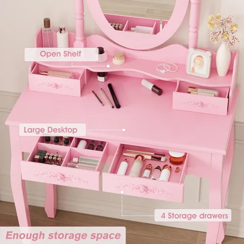 Vista 4 de Alohappy - Juego de mesa de maquillaje con espejo y taburete para niñas, mesa de maquillaje y taburete acolchado con 4 cajones, tocador de madera