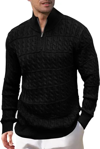 Gafeng Suéter con cremallera de un cuarto para hombre, de punto trenzado, ajustado, informal, cuello falso, suéter de manga larga para hombre